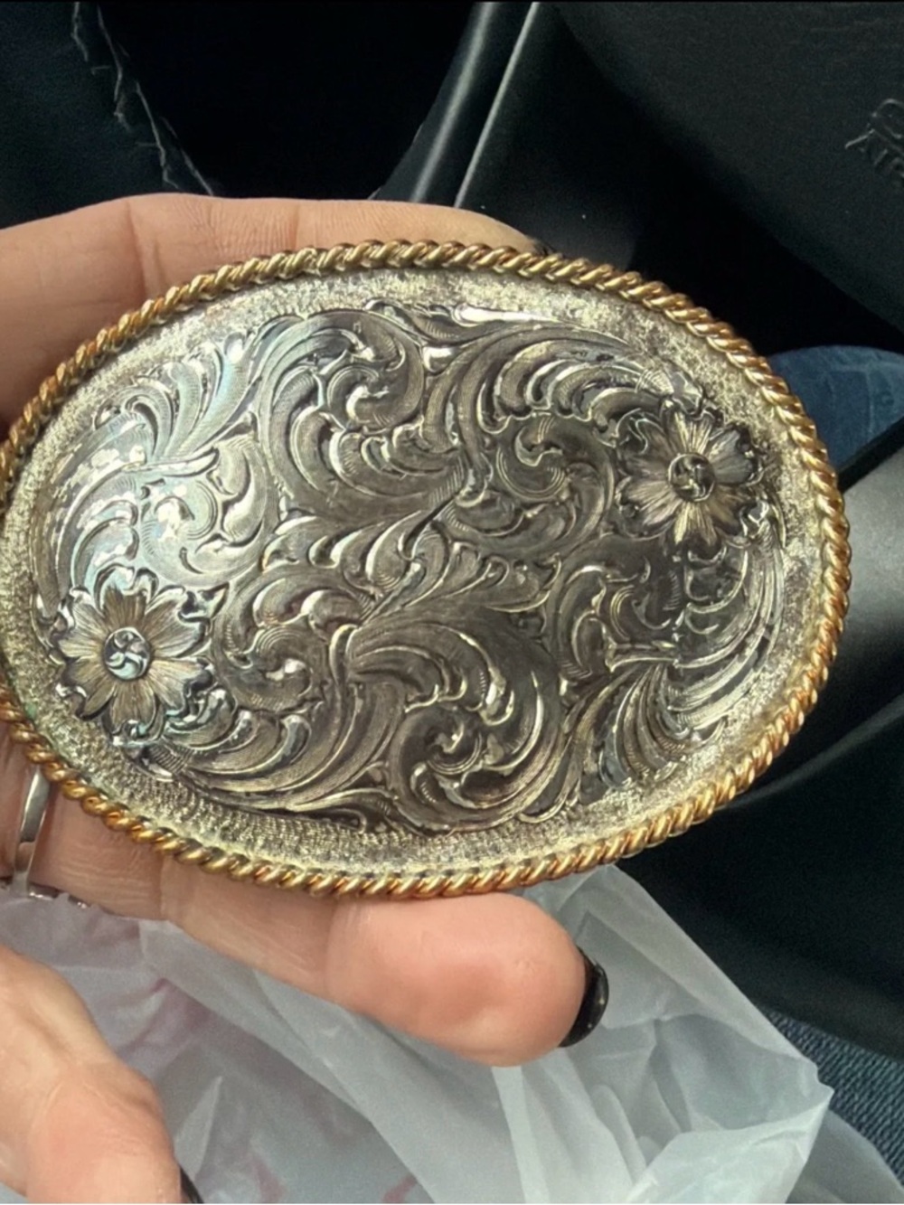 Two-Tone Floral Engraved Belt Buckle - Silver and Gold